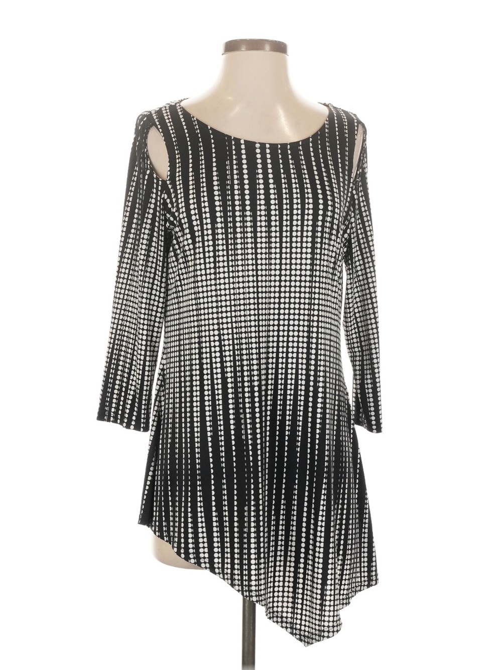 Peter Nygard Black and White Cold-Shoulder Asymmetrical Tunic Dress